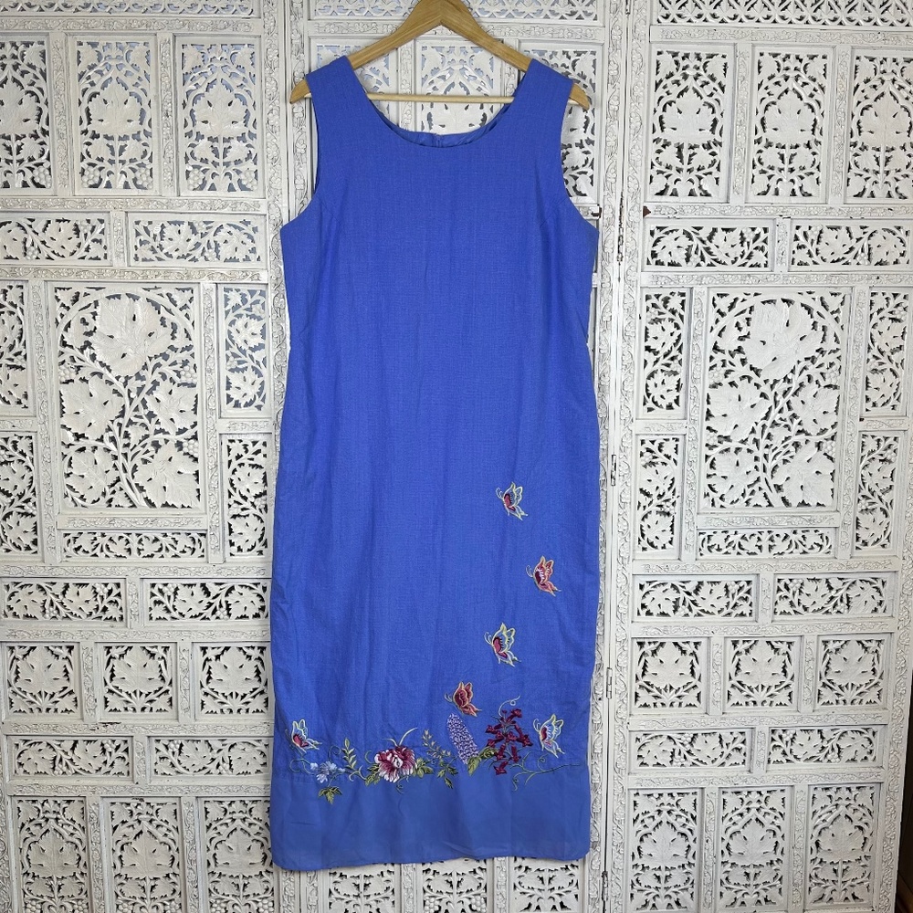 Vtg 2000's Periwinkle‎ Blue Floral Butterfly Embroidered Sleeveless Maxi Dress